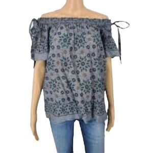 Ann Taylor LOFT Floral Smocked Off The Shoulder Tie Top Women Medium Blue AN0264